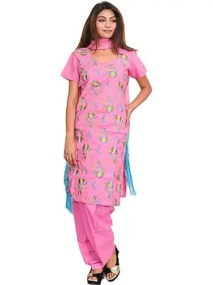Aurora-Pink Salwar Kameez Suit with Embroidered Flowers and Sequins