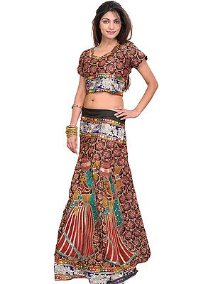 Two-Piece Jet-Black Ghagra Choli from Rajasthan with Woven Flowers and  Embroided Patch