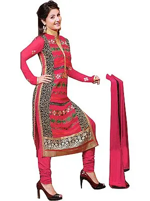 Pink-Flambe Choodidaar Kameez Suit with Embroidered Front/Back Motifs