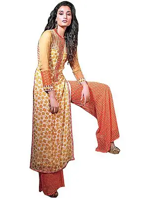 Ivory and Orange Parallel Salwar Suit with Printed Flowers and Crystals on Neck
