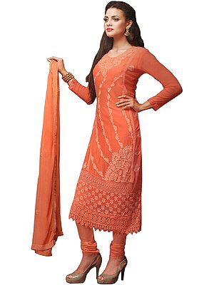 Fresh-Salmon Embroidered Long Chudidar Kameez Suit with Crochet Border and Crystals
