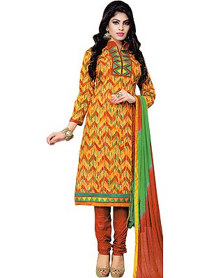 Apricot and Brown Choodidaar Kameez Suit with Printed Zigzag Stripes and Patch Border