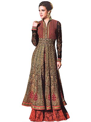 Red and Black Designer Layered Pakistani Suit with Densely Embroidered in Metallic Thread