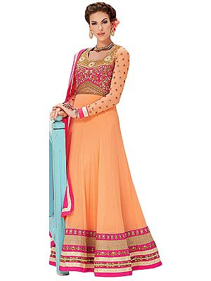 Peach and Pink Wedding Long Anarkali Suit with Floral Zari Embroidery and Stones