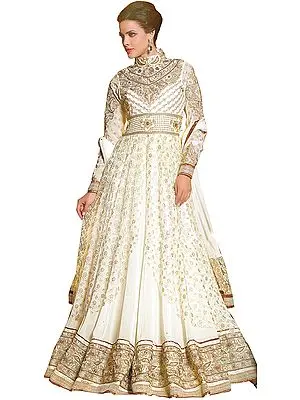 Ivory Wedding Long Anarkali Suit with Floral Embroidery in Metallic Thread and Beadwork