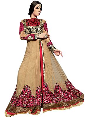 Champagne-Beige and Red Designer Embroidered Long Anarkali Suit with Paisleys Patch Border and Sequins-Work