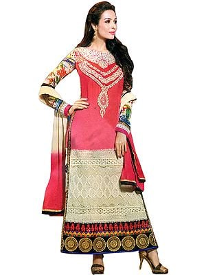 Camellia-Rose and Ivory Malaika Long Chudidar Kameez Suit with Embroidered Patch and Crochet Border