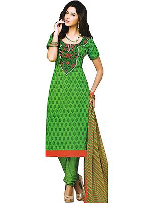 Poison-Green Choodidaar Kameez Suit with Embroidered Patch on Neck and Printed Bootis