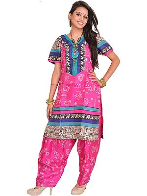 Raspberry-Rose Two-Piece Salwar Kameez Suit from Bhagalpur with Printed Warli Motifs