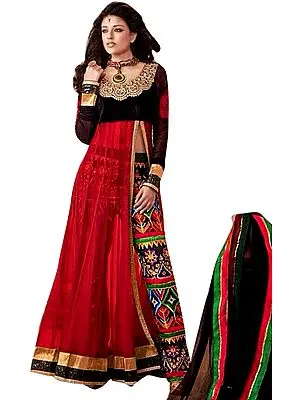 Jet-Black and Red Designer Anarkali Suit with Embroidered Parallel Salwar and Floral Patch on Neck