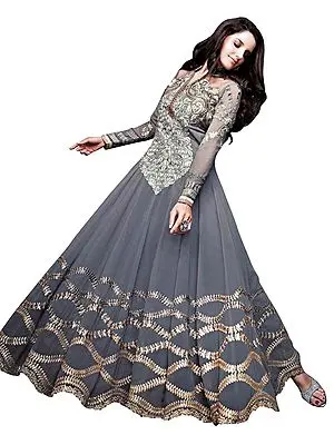 Gray Designer Anarkali Suit with Zari-Embroidered Floral Patch and Crystals