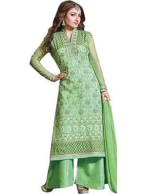 Cabbage-Green Parallel Salwar Suit with Zari Embroidered Flowers