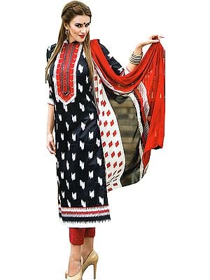Trouser Salwar Kameez Suit with Ikat Print and Embroidered Patch on Neck