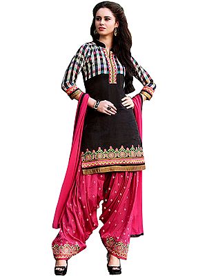 Phantom-Black and Pink Patiala Salwar Kameez Suit with Printed Checks and Embroidered Patch Border