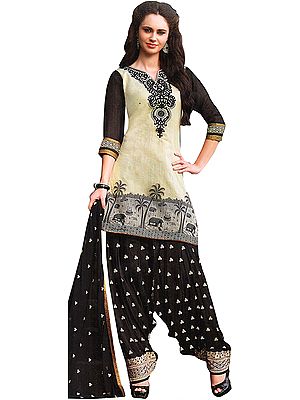 Ivory and Black Patiala Salwar Kameez Suit with Embroidered Patch on Neck and Woven Border