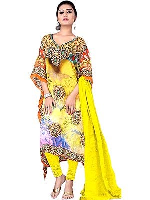 Primrose-Yellow Choodidaar Kaftan Suit with Digital-Print and Stone-work on Neck