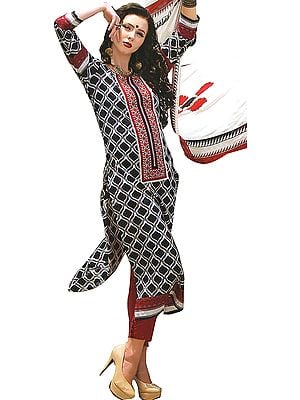 Parallel Salwar Suit with Embroidered Patch on Neck and Ikat Print