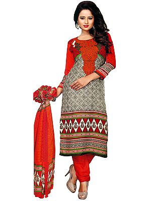 Gray and Orange Printed Choodidaar Kameez Suit