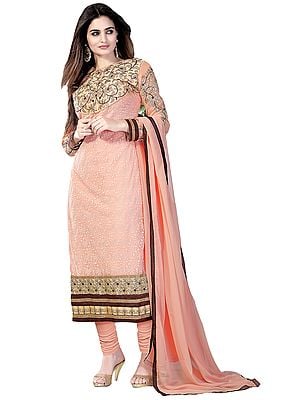 Tropical-Peach Self Embroidered Long Choodidaar Kameez Suit with Zari-Embroidered Patches