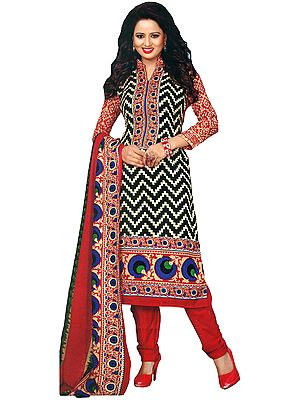 Black and Red Coodidaar Kameez Suit with Ikat Print and Floral Wide Border