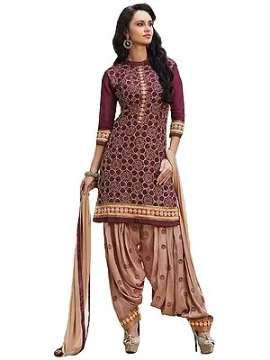 Burgundy and Beige Floral Embroidered Patiala Salwar Kameez Suit with Patch on Neck and Border