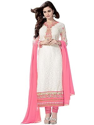 White and Pink Long Choodidaar Kameez Suit with Self-Embroidered Paisleys and Floral Patch Border