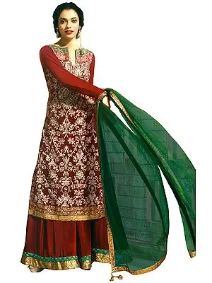 Garnet-Red Embroidered Wedding Sharara Salwar Suit with Sequined Patch Border