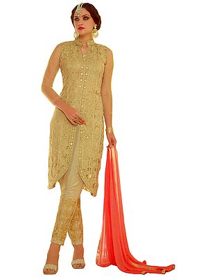Mojave-Desert Parallel Salwar Suit with Self-Embroidered Flowers and Crystals