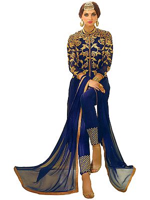 Twilight-Blue Designer Long Choodidaar Kameez Suit with Zari-Embroidery and Crystals