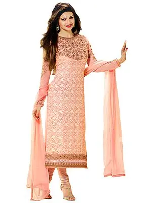 Tropical-Peach Self Embroidered Choodidaar Kameez Suit with Floral Embroidery on Neck