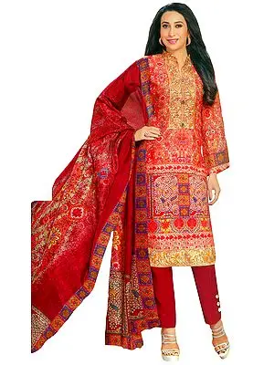 Bittersweet-Red Digital Printed Salwar Suit with Embroidered Patch on Neck and Border