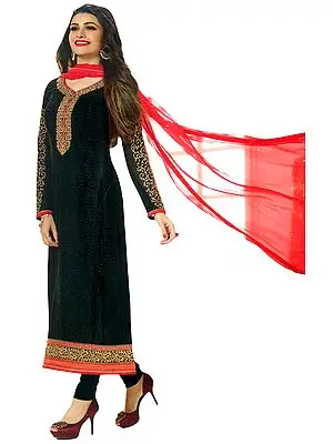 Jet-Black Long Chudidar Kameez Suit with Zari-Embroidered Patches and Self-Embroidery