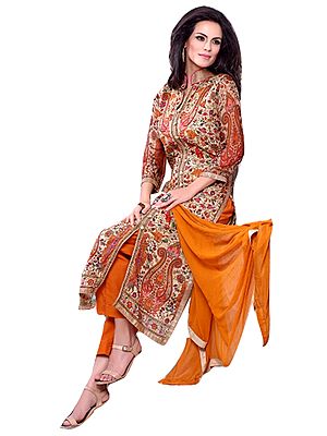 Marzipan and Apricot-Buff Long Salwar Kameez with Jamawar Print
