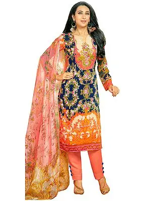 Dark-Blue and Pink Floral-Printed Trouser Salwar Kameez Suit