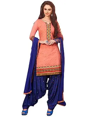 Salmon and Blue Patiala Salwar Kameez Suit with Woven Bootis and Embroidered Patches