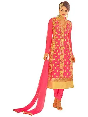 Calypso-Coral Wedding Long Coodidaar Kameez Suit with Floral-Embroidery and Golden Border