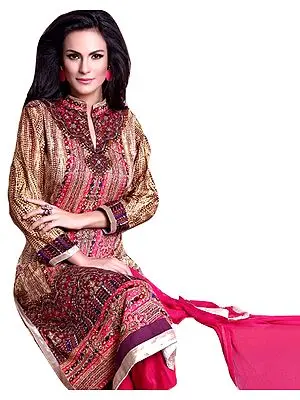 Cream and Pink Printed Parallel Salwar Suit with Crystals