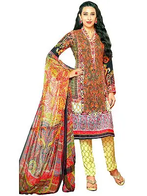 Multicolor Parallel Salwar Suit with Jamawar Print and Embroidered Patch