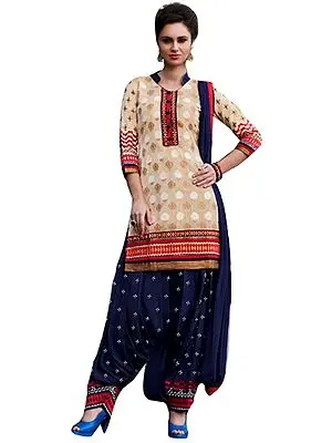 Cream and Blue Patiala Salwar Kameez Suit with Woven Bootis and Embroidered Patch on Neck and Border