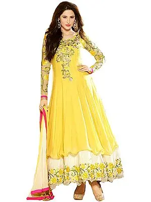 Pale-Banana and Ivory Designer Layered Anarkali Suit with Floral Zari-Embroidery and Stone-work