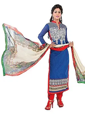 Blue and Red Embroidered Parallel Salwar Suit with Digital-Printed Dupatta