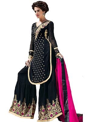 Jet-Black and Pink Designer Sharara Salwar Suit with Floral Embroidery and Bootis