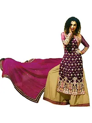 Magenta-Purple Wedding Palazzo Salwar Suit with Zari-Embroidered Paisleys and Bolero Jacket
