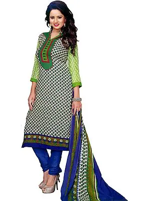 Green and Blue Coodidaar Kameez Suit with Printed Bootis