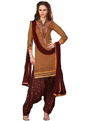 Pheasant-Brown and Rosewood Patiala Salwar Kameez Suit with Embroidered Patch on Neck and Border