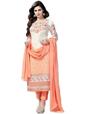 Cream and Salmon Chikan-Embroidered Long Choodidaar Kameez Suit with Embroidered Floral Patches