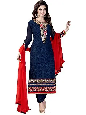 Estate-Blue Self Embroidered Long Choodidaar Kameez Suit with Zari Patch on Neck and Border