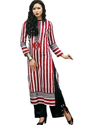 White and Maroon Parallel Salwar Suit with Embroidered Patch on Neck and Ikat Printed Stripes