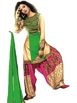 Beige and Green Wedding Salwar Kameez Suit with Zari-Embroidery and Crystals