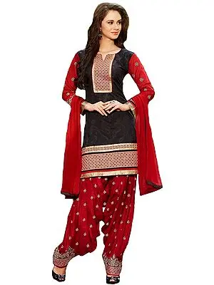 Black and Red Patiala Salwar Kameez Suit with Embroidered Patches and Paisleys Woven in Self